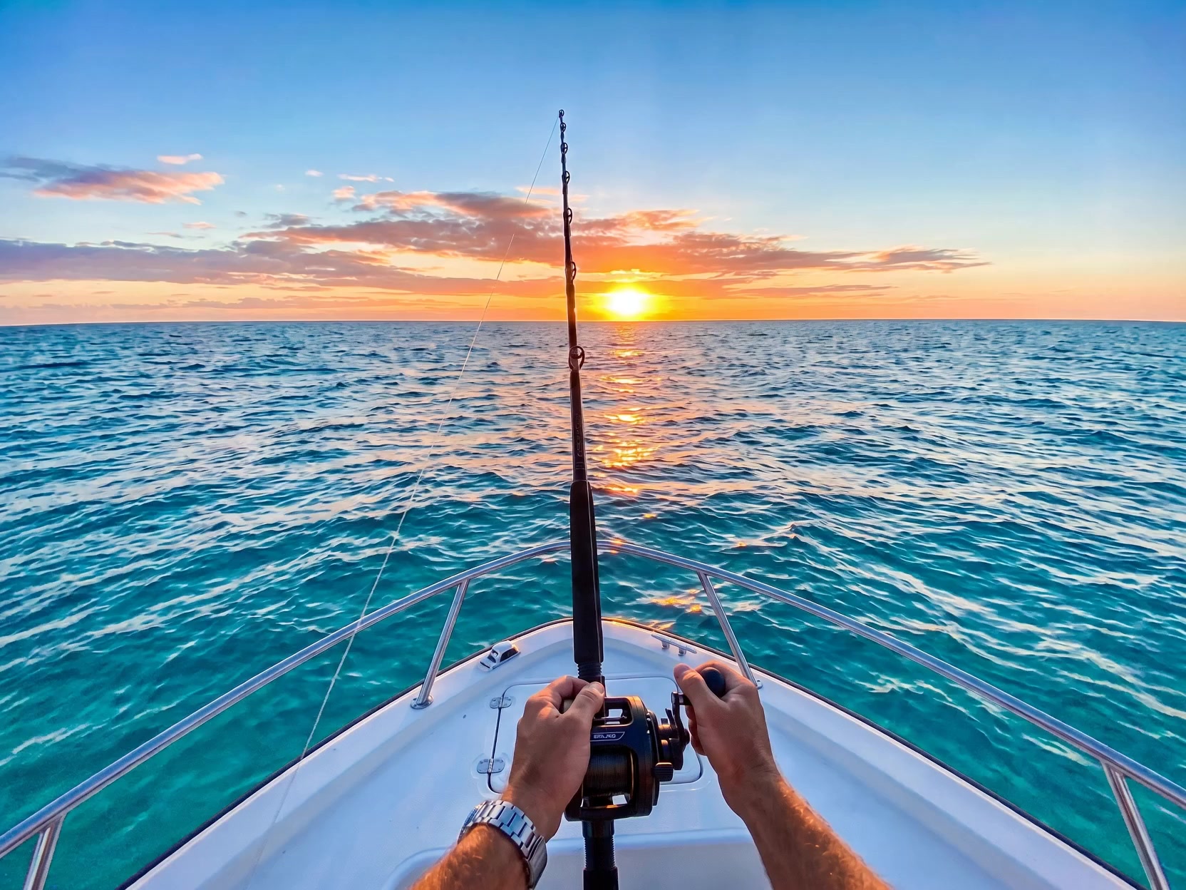 Casting a line off the bow at sunrise over turquoise water, Tobago