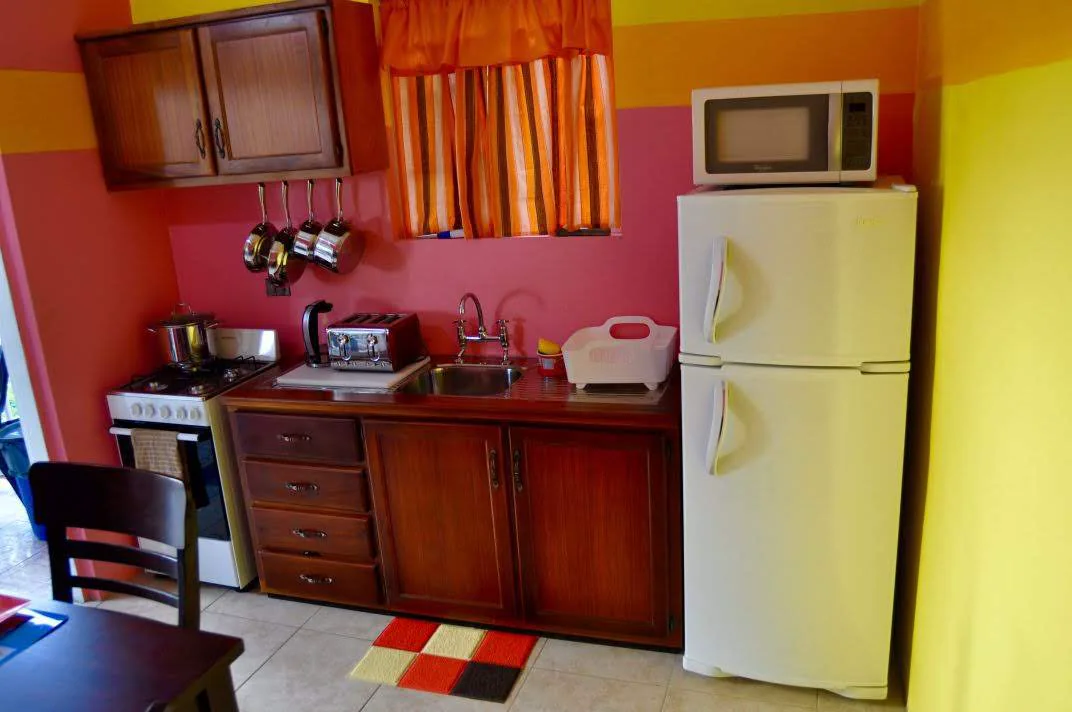 The apartment kitchen with a full cooker, fridge and red cabinetry