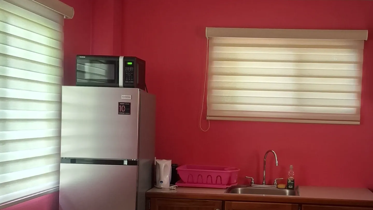 The Mango Room's kitchenette, with a full fridge, microwave, kettle and sink