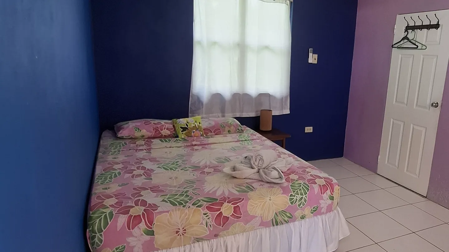 Waterfall's queen bed, air conditioning and a curtained window